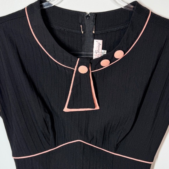Stop Staring! Black Wiggle Dress Soft Pink Trim XL Vintage Pin-Up Midi - Picture 11 of 16